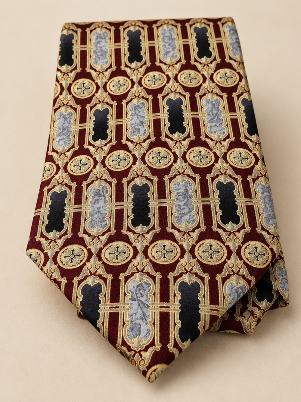 Stafford Burgundy Tie with Gold and Blue Medallion Pattern